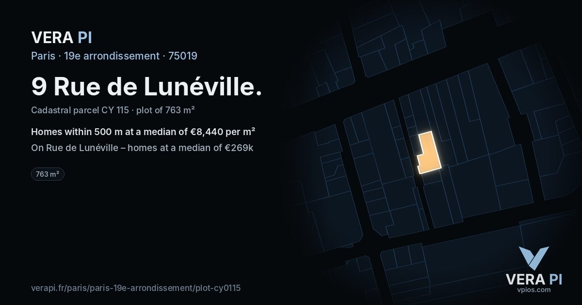 9 Rue de Lunéville, 19e arrondissement at night – the plot lit, the parcels around coloured by the prices near them
