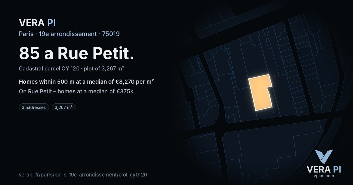 85 a Rue Petit, 19e arrondissement at night – the plot lit, the parcels around coloured by the prices near them