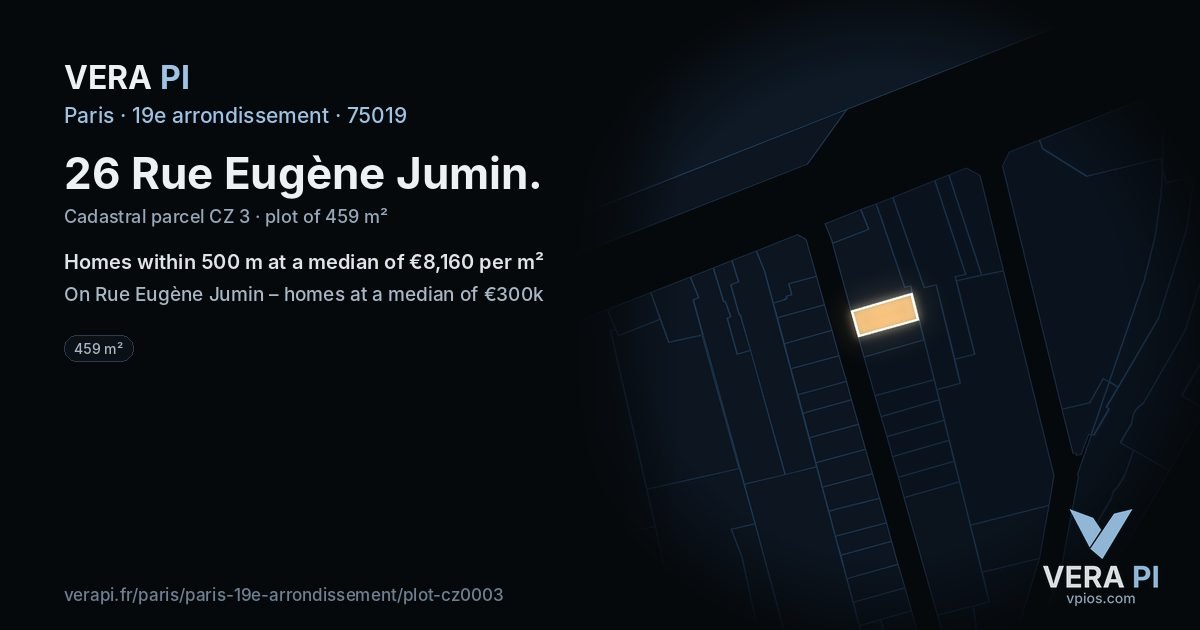 26 Rue Eugène Jumin, 19e arrondissement at night – the plot lit, the parcels around coloured by the prices near them