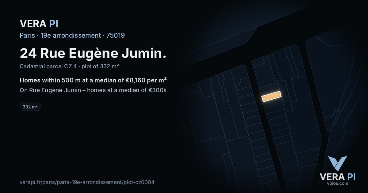 24 Rue Eugène Jumin, 19e arrondissement at night – the plot lit, the parcels around coloured by the prices near them