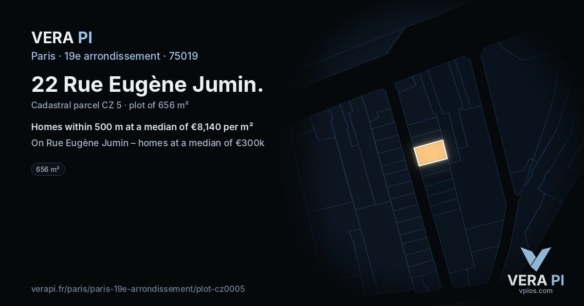 22 Rue Eugène Jumin, 19e arrondissement at night – the plot lit, the parcels around coloured by the prices near them