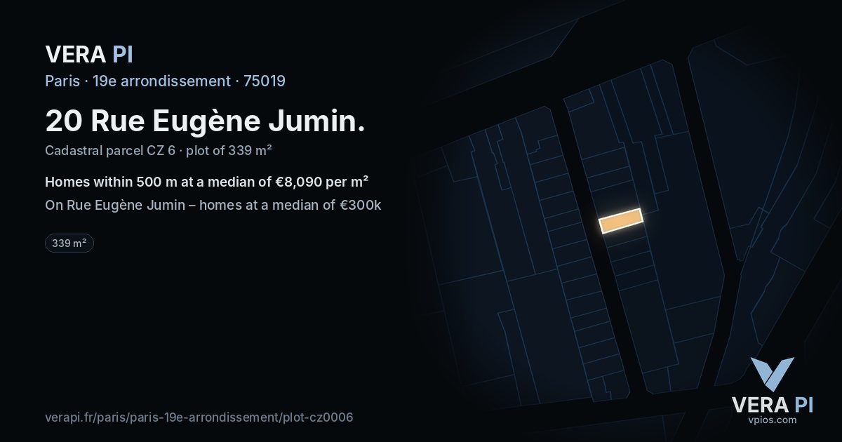 20 Rue Eugène Jumin, 19e arrondissement at night – the plot lit, the parcels around coloured by the prices near them