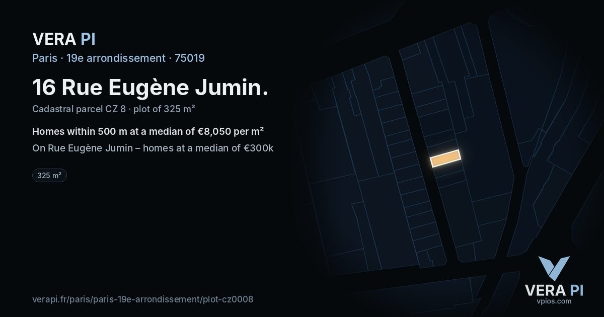 16 Rue Eugène Jumin, 19e arrondissement at night – the plot lit, the parcels around coloured by the prices near them