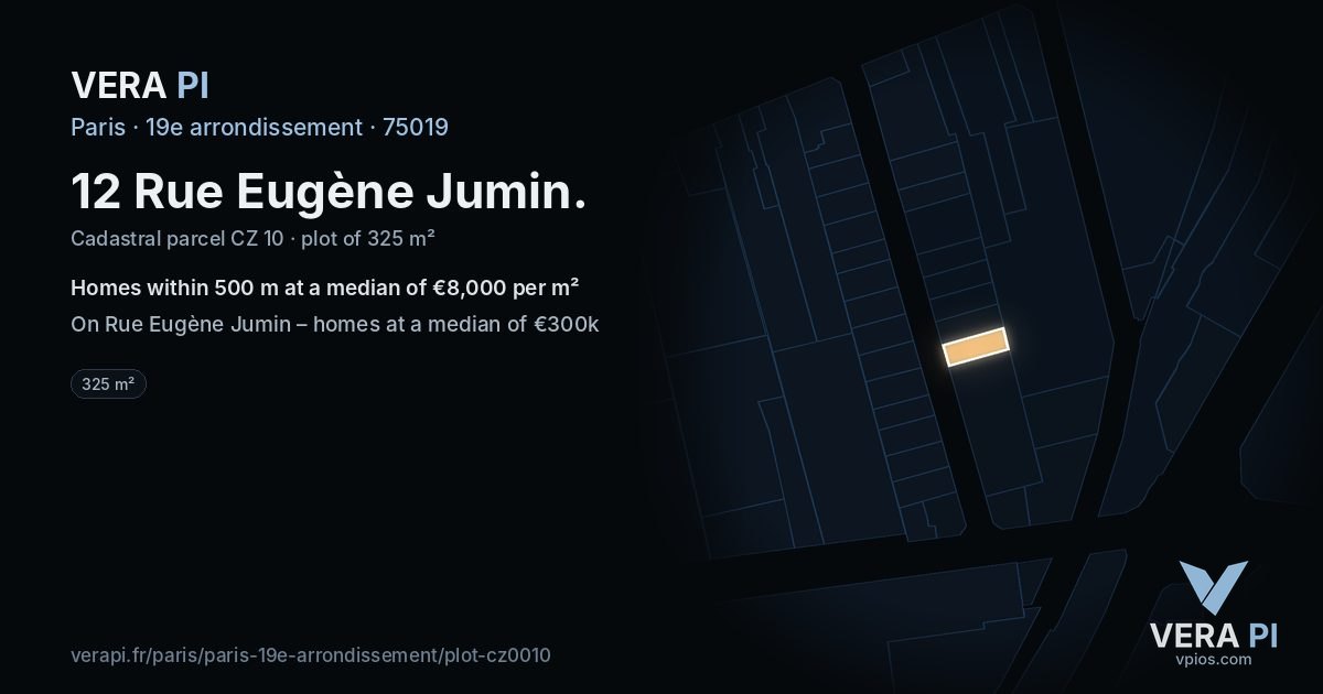12 Rue Eugène Jumin, 19e arrondissement at night – the plot lit, the parcels around coloured by the prices near them