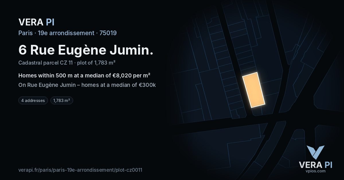 6 Rue Eugène Jumin, 19e arrondissement at night – the plot lit, the parcels around coloured by the prices near them