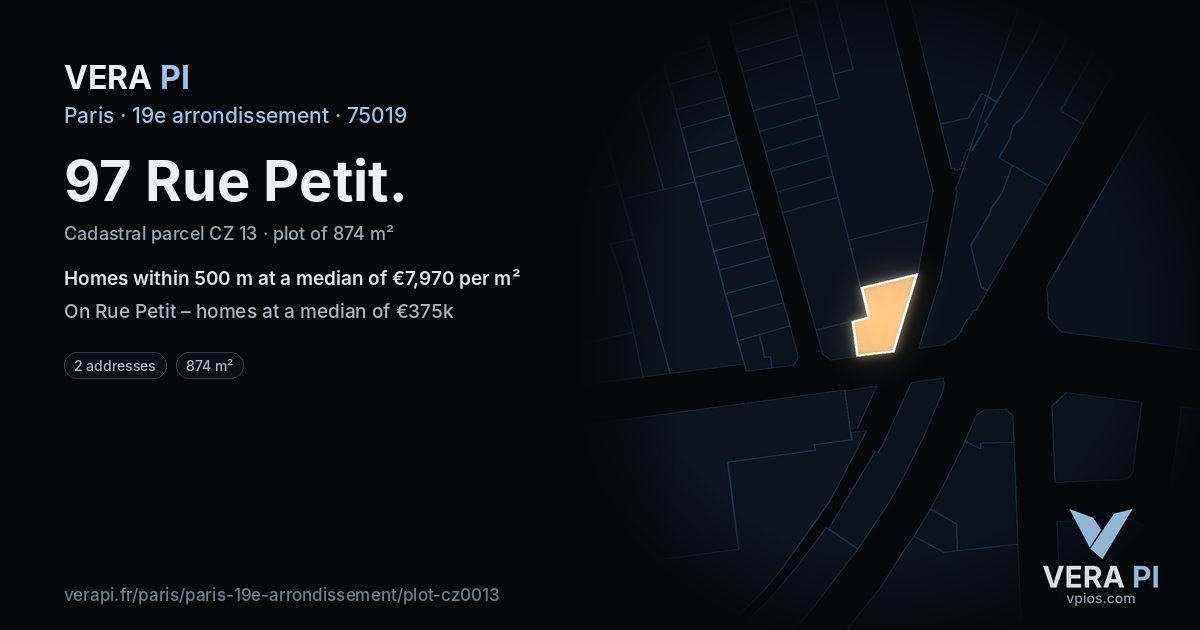 97 Rue Petit, 19e arrondissement at night – the plot lit, the parcels around coloured by the prices near them