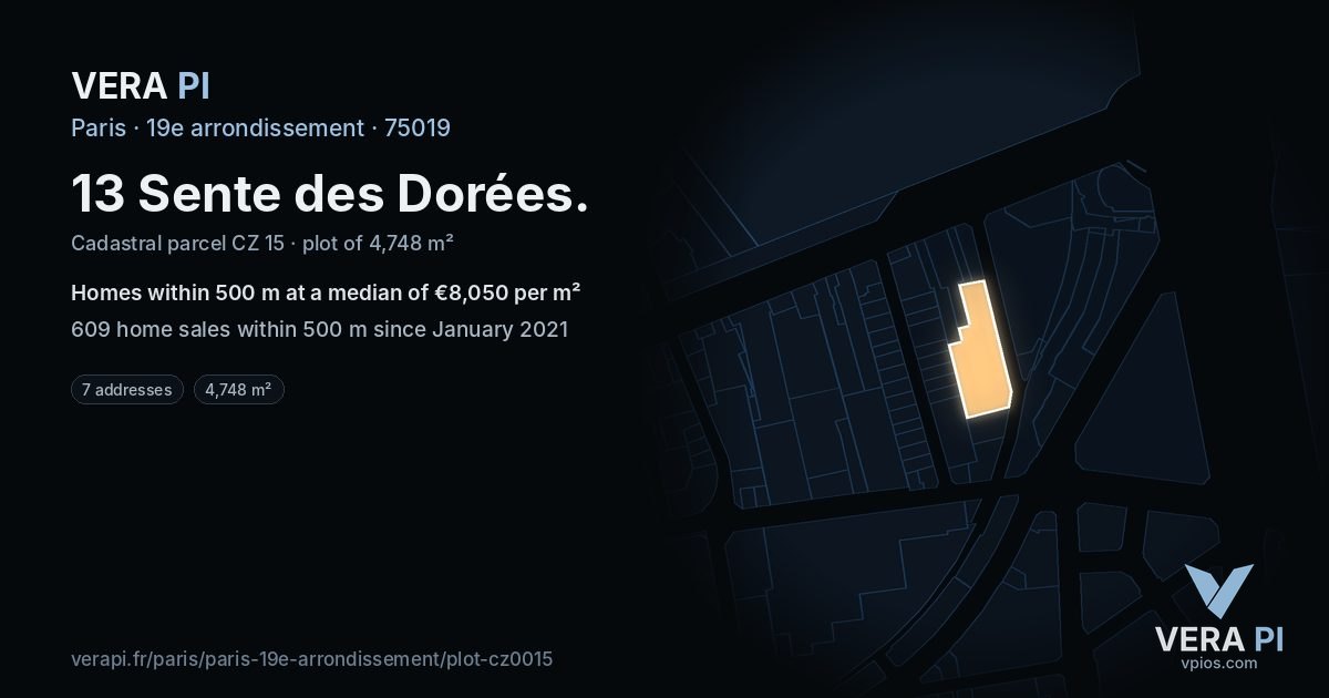 13 Sente des Dorées, 19e arrondissement at night – the plot lit, the parcels around coloured by the prices near them