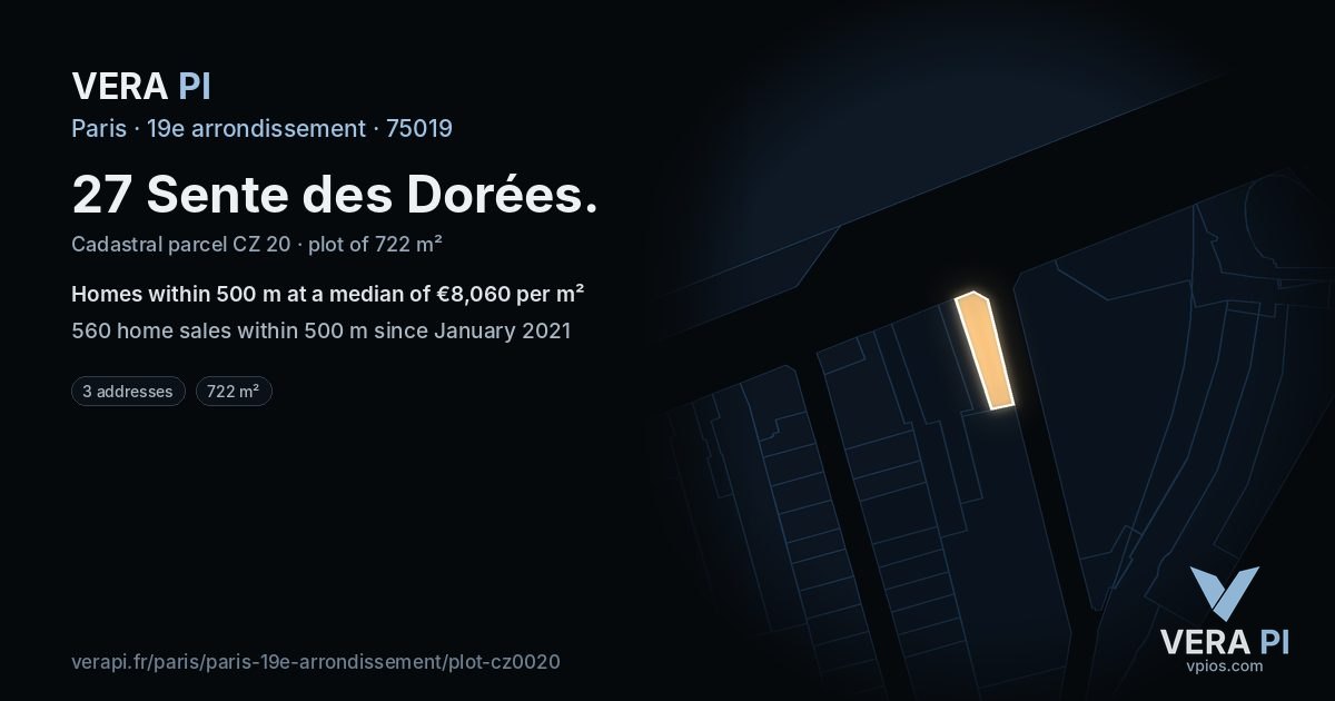 27 Sente des Dorées, 19e arrondissement at night – the plot lit, the parcels around coloured by the prices near them
