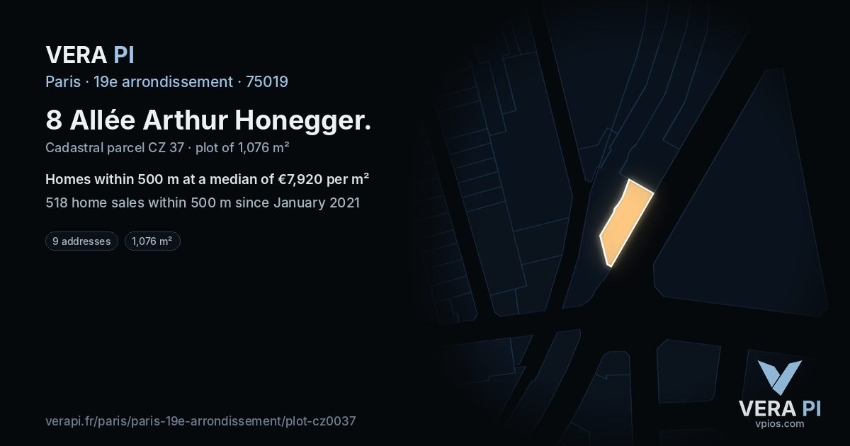 8 Allée Arthur Honegger, 19e arrondissement at night – the plot lit, the parcels around coloured by the prices near them