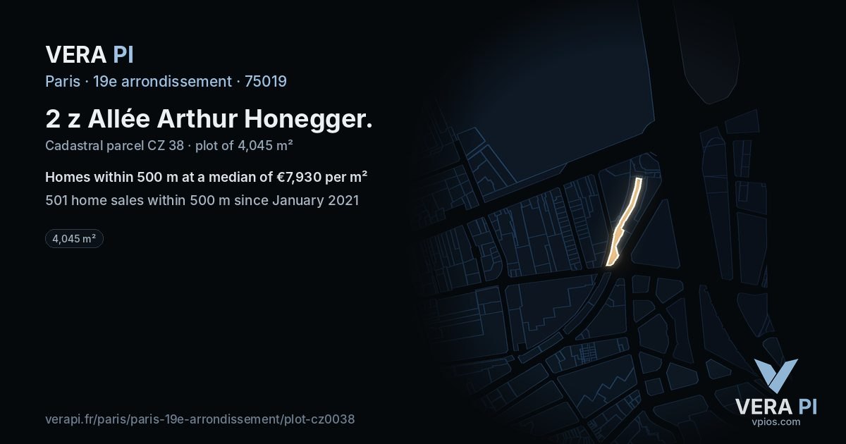 2 z Allée Arthur Honegger, 19e arrondissement at night – the plot lit, the parcels around coloured by the prices near them