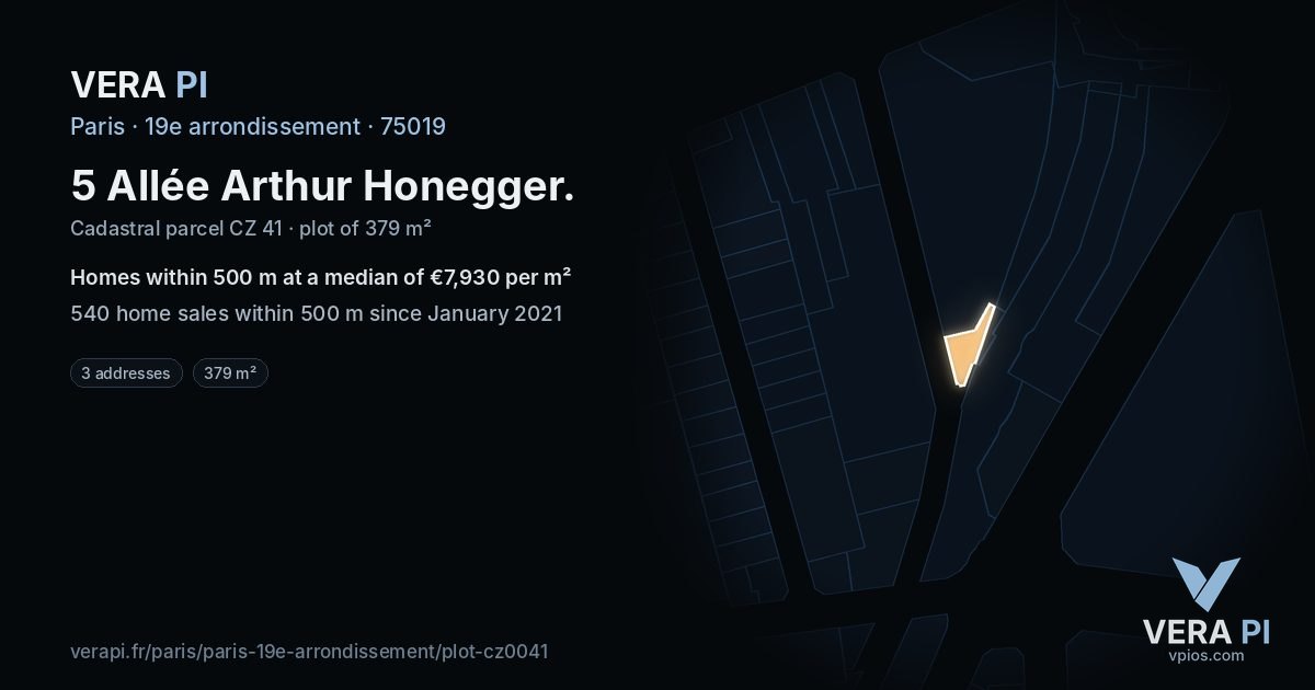 5 Allée Arthur Honegger, 19e arrondissement at night – the plot lit, the parcels around coloured by the prices near them