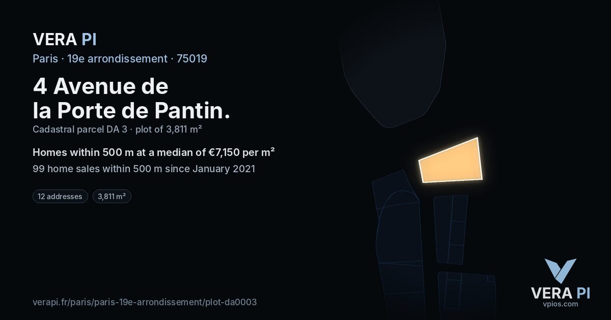 4 Avenue de la Porte de Pantin, 19e arrondissement at night – the plot lit, the parcels around coloured by the prices near them