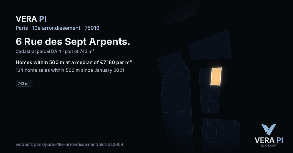 6 Rue des Sept Arpents, 19e arrondissement at night – the plot lit, the parcels around coloured by the prices near them