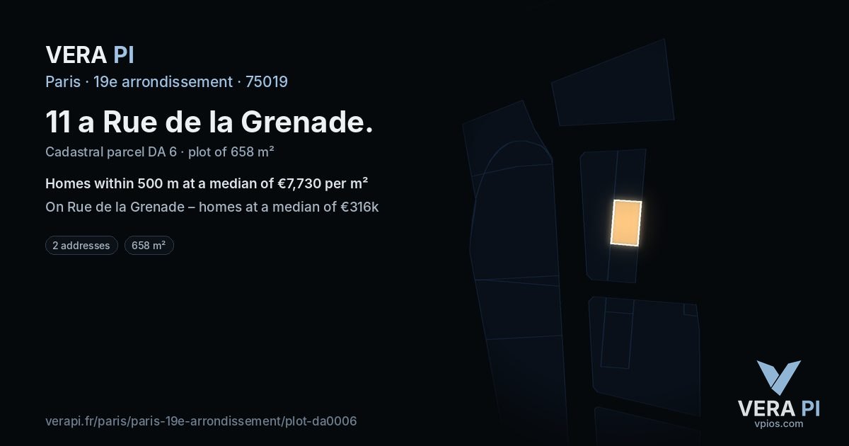 11 a Rue de la Grenade, 19e arrondissement at night – the plot lit, the parcels around coloured by the prices near them
