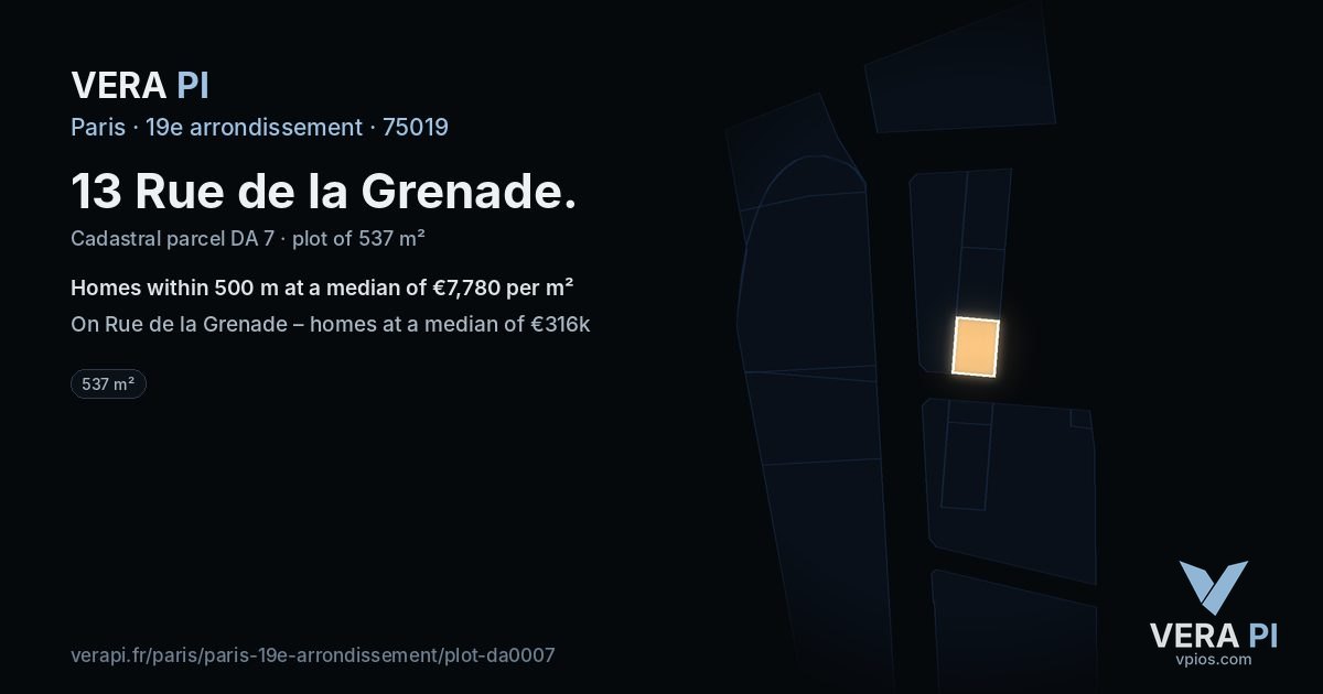 13 Rue de la Grenade, 19e arrondissement at night – the plot lit, the parcels around coloured by the prices near them