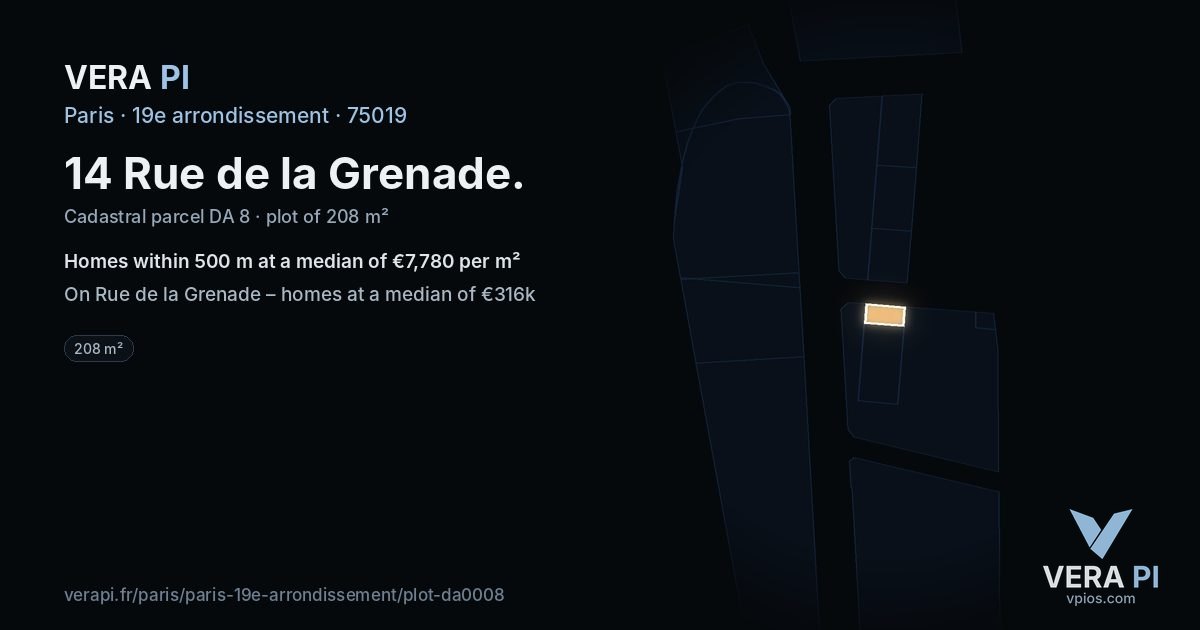 14 Rue de la Grenade, 19e arrondissement at night – the plot lit, the parcels around coloured by the prices near them