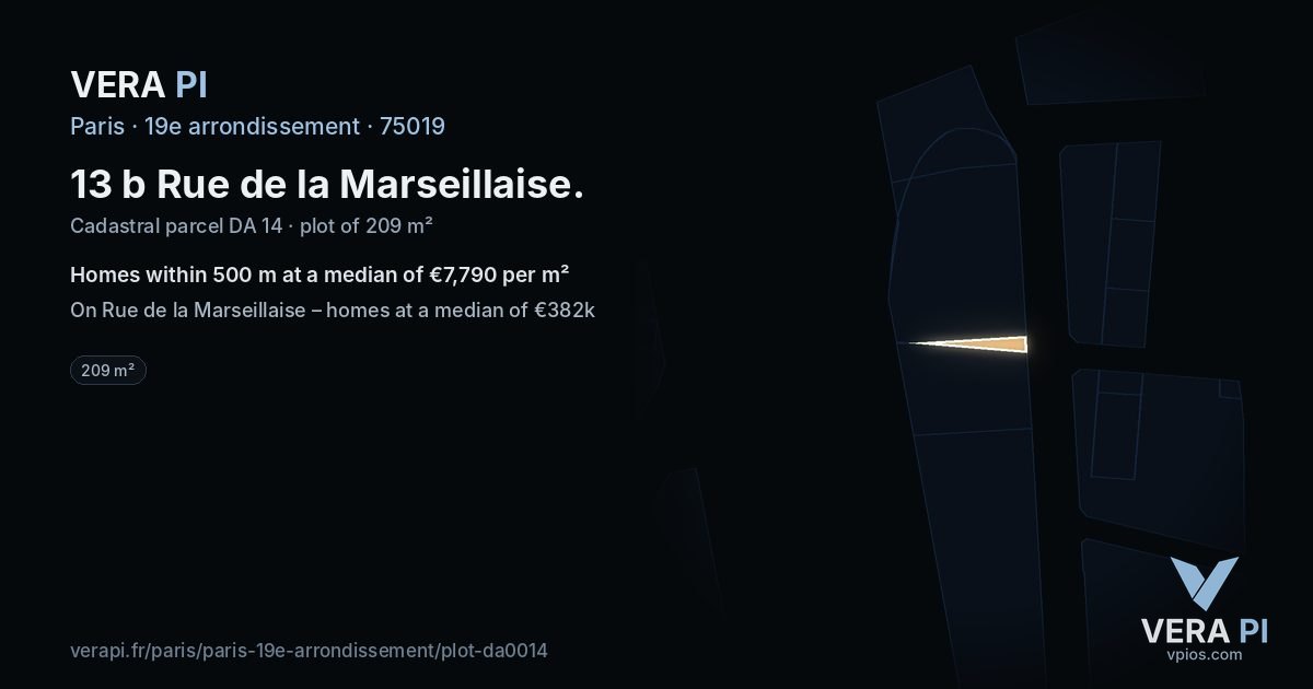 13 b Rue de la Marseillaise, 19e arrondissement at night – the plot lit, the parcels around coloured by the prices near them