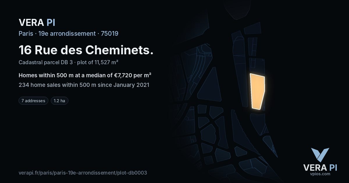 16 Rue des Cheminets, 19e arrondissement at night – the plot lit, the parcels around coloured by the prices near them
