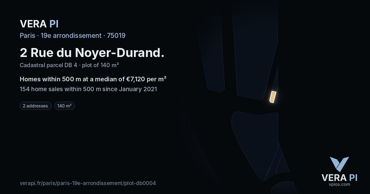 2 Rue du Noyer-Durand, 19e arrondissement at night – the plot lit, the parcels around coloured by the prices near them