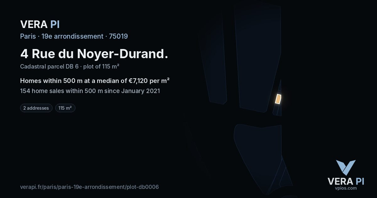 4 Rue du Noyer-Durand, 19e arrondissement at night – the plot lit, the parcels around coloured by the prices near them