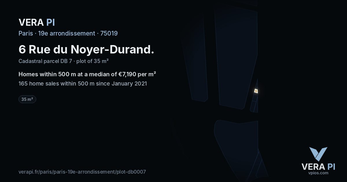 6 Rue du Noyer-Durand, 19e arrondissement at night – the plot lit, the parcels around coloured by the prices near them