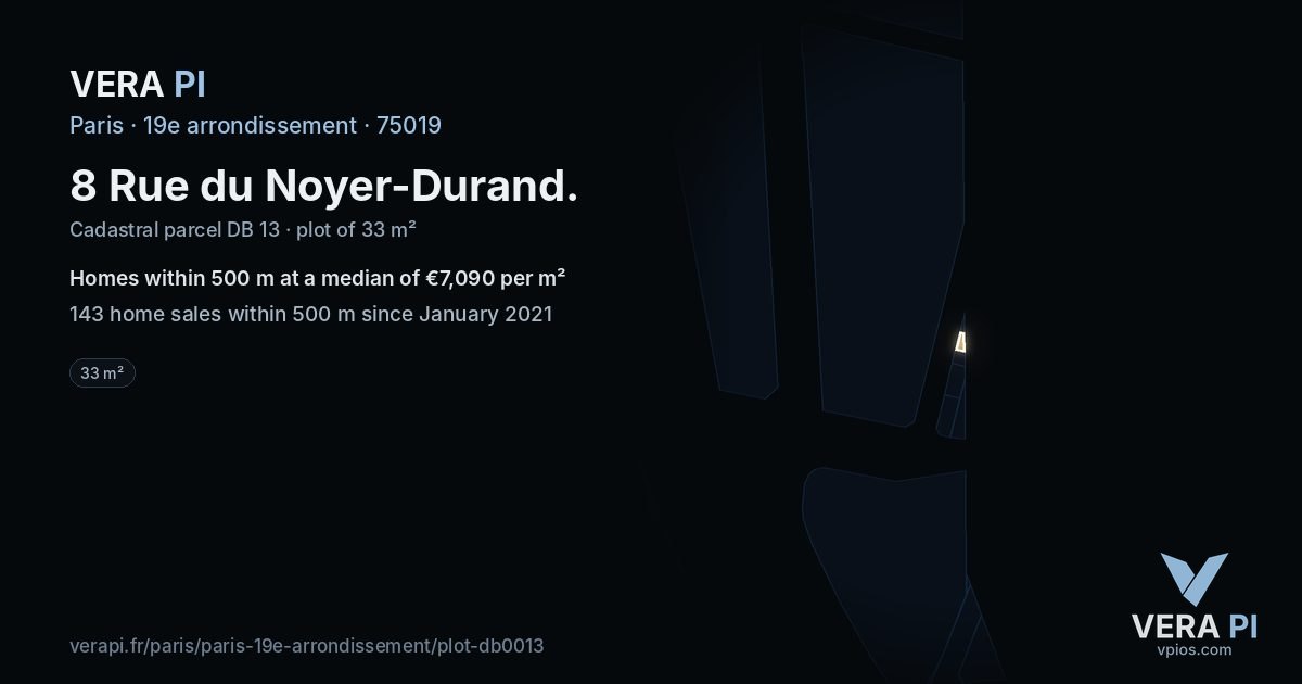 8 Rue du Noyer-Durand, 19e arrondissement at night – the plot lit, the parcels around coloured by the prices near them