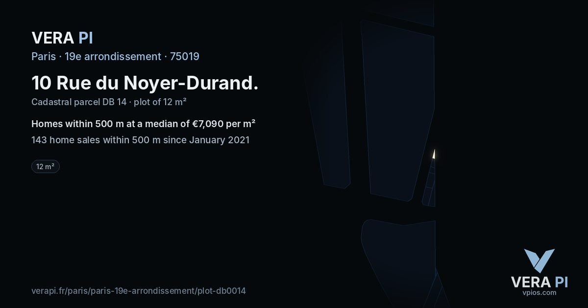 10 Rue du Noyer-Durand, 19e arrondissement at night – the plot lit, the parcels around coloured by the prices near them