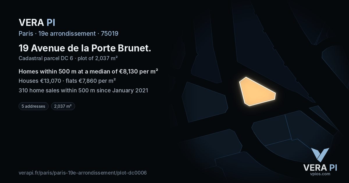 19 Avenue de la Porte Brunet, 19e arrondissement at night – the plot lit, the parcels around coloured by the prices near them