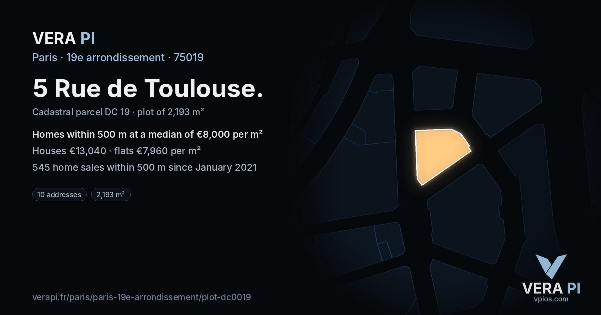 5 Rue de Toulouse, 19e arrondissement at night – the plot lit, the parcels around coloured by the prices near them