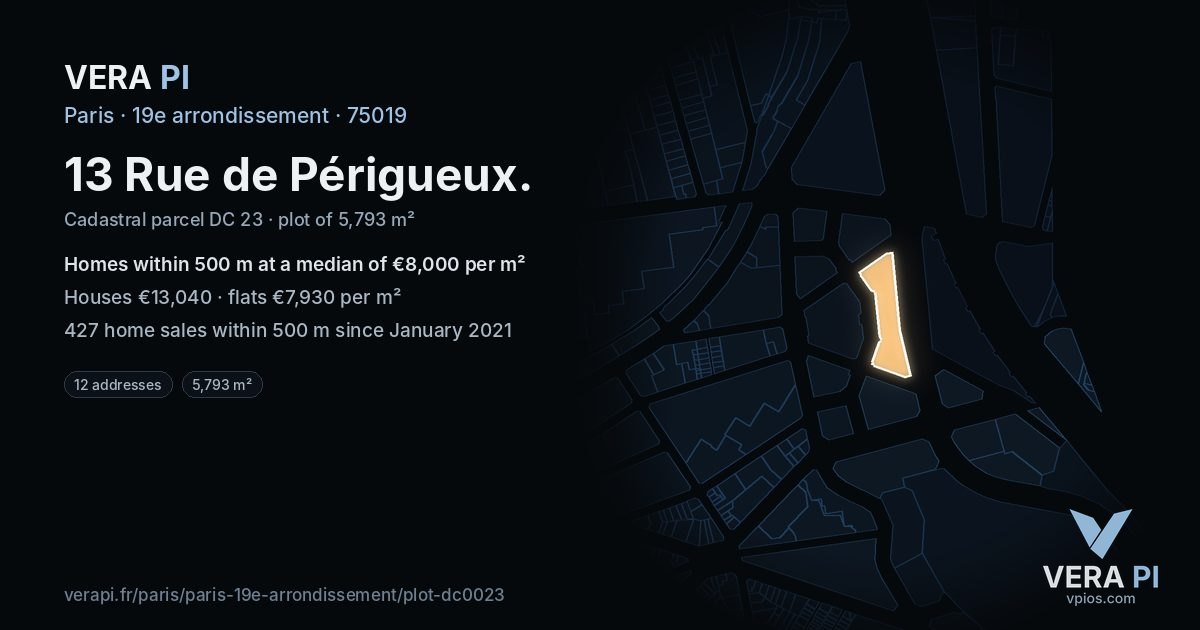 13 Rue de Périgueux, 19e arrondissement at night – the plot lit, the parcels around coloured by the prices near them