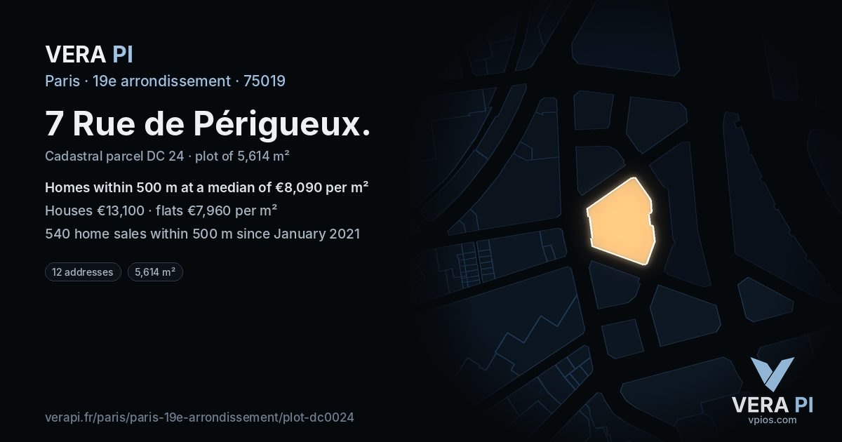 7 Rue de Périgueux, 19e arrondissement at night – the plot lit, the parcels around coloured by the prices near them