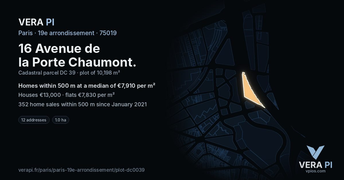 16 Avenue de la Porte Chaumont, 19e arrondissement at night – the plot lit, the parcels around coloured by the prices near them