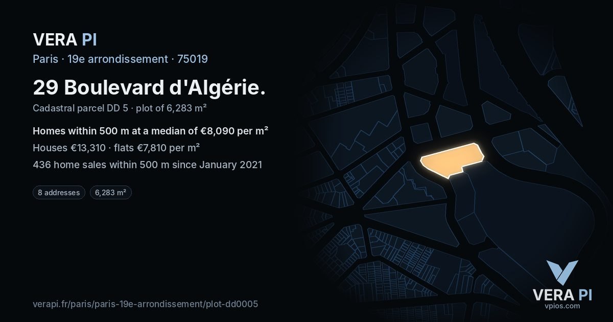 29 Boulevard d'Algérie, 19e arrondissement at night – the plot lit, the parcels around coloured by the prices near them