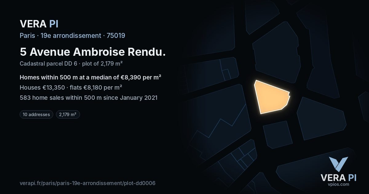 5 Avenue Ambroise Rendu, 19e arrondissement at night – the plot lit, the parcels around coloured by the prices near them