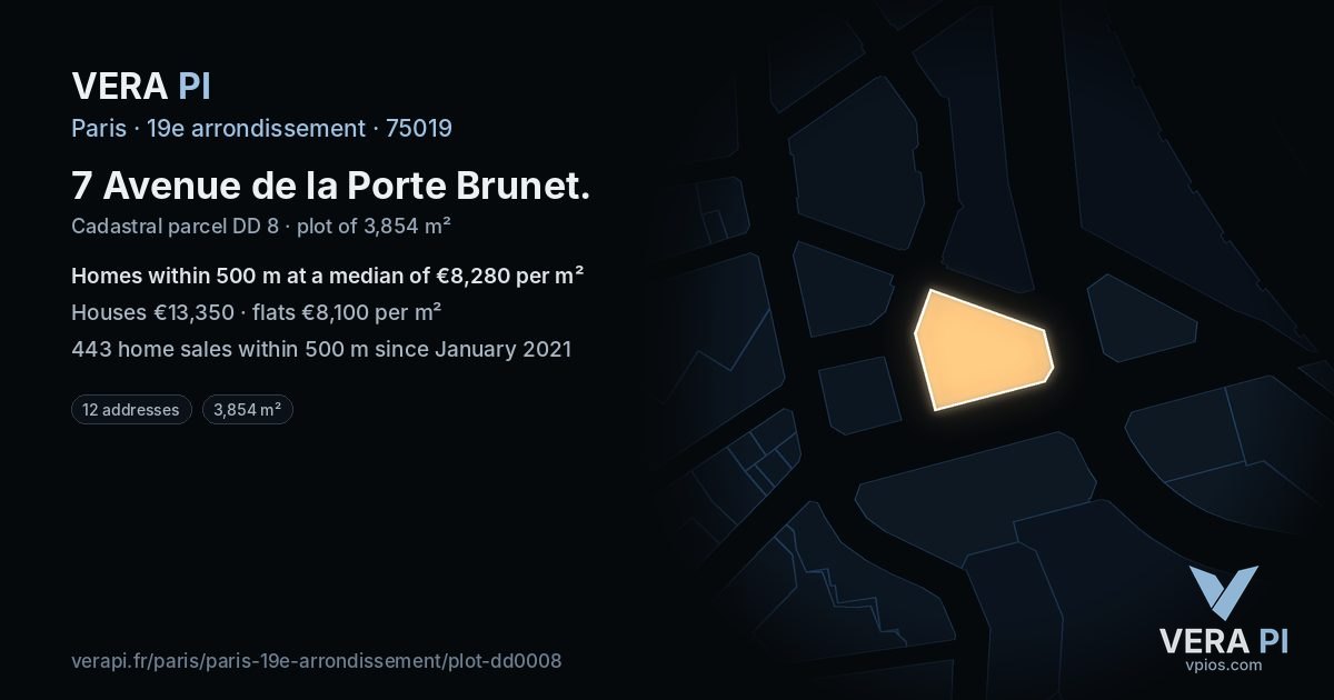 7 Avenue de la Porte Brunet, 19e arrondissement at night – the plot lit, the parcels around coloured by the prices near them