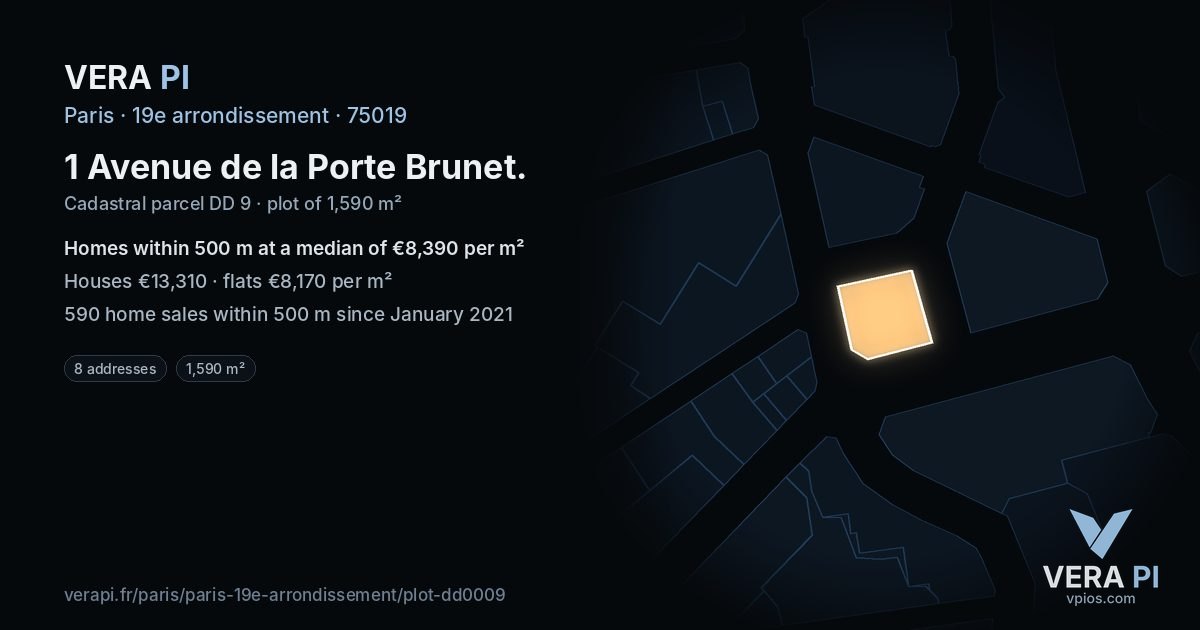 1 Avenue de la Porte Brunet, 19e arrondissement at night – the plot lit, the parcels around coloured by the prices near them