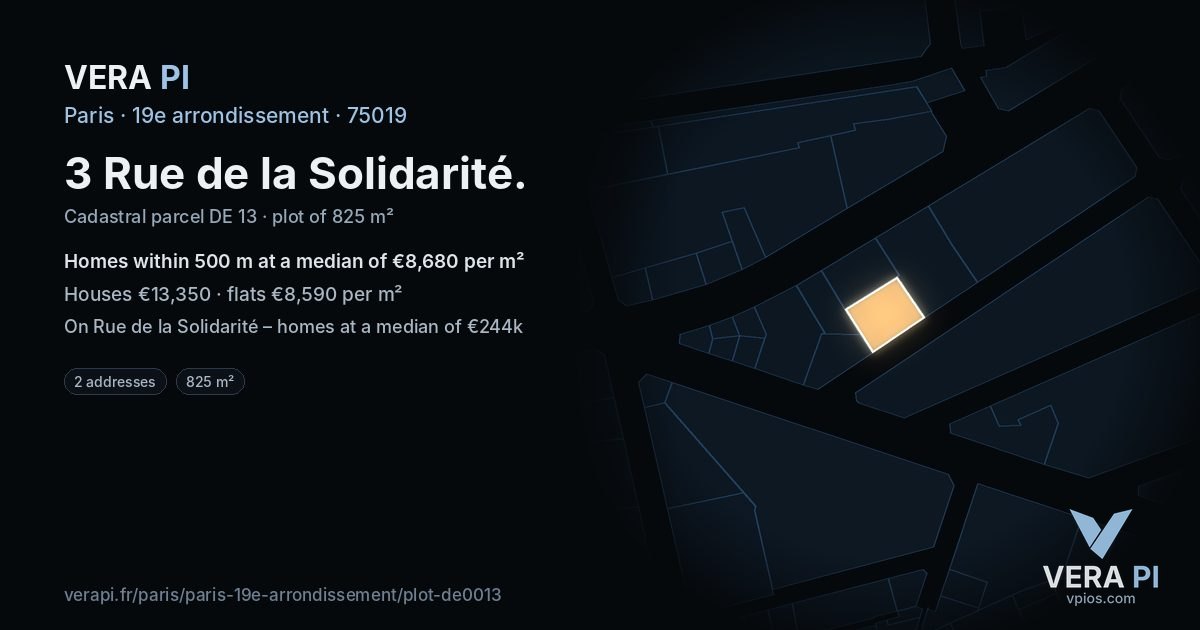 3 Rue de la Solidarité, 19e arrondissement at night – the plot lit, the parcels around coloured by the prices near them