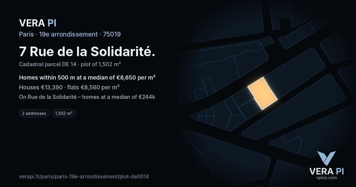 7 Rue de la Solidarité, 19e arrondissement at night – the plot lit, the parcels around coloured by the prices near them