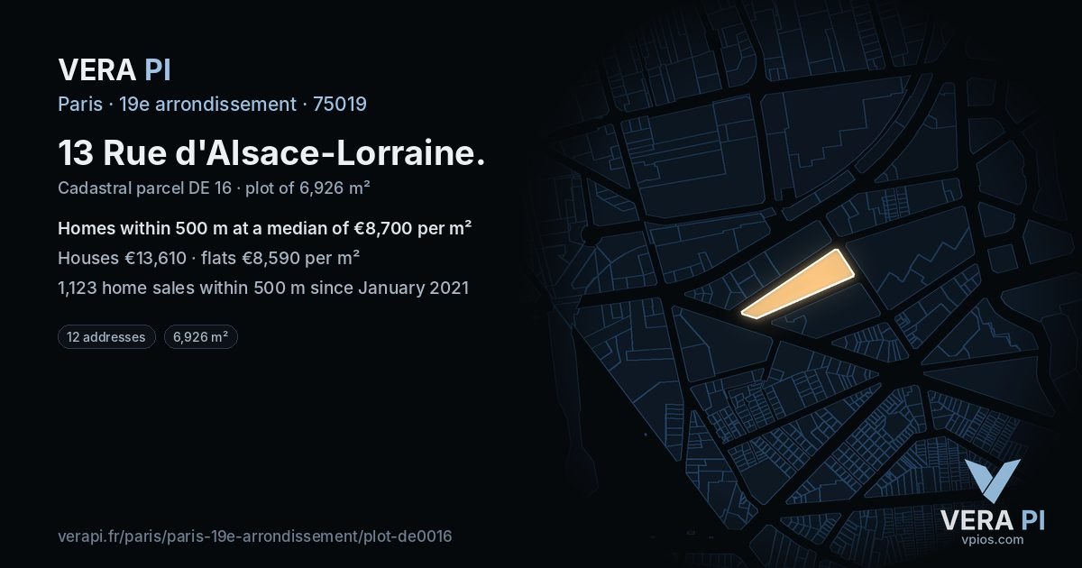 13 Rue d'Alsace-Lorraine, 19e arrondissement at night – the plot lit, the parcels around coloured by the prices near them