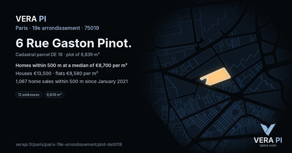 6 Rue Gaston Pinot, 19e arrondissement at night – the plot lit, the parcels around coloured by the prices near them