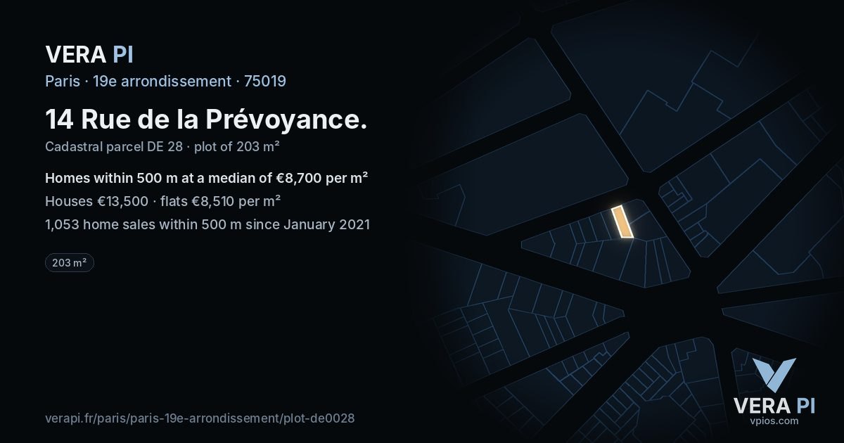 14 Rue de la Prévoyance, 19e arrondissement at night – the plot lit, the parcels around coloured by the prices near them