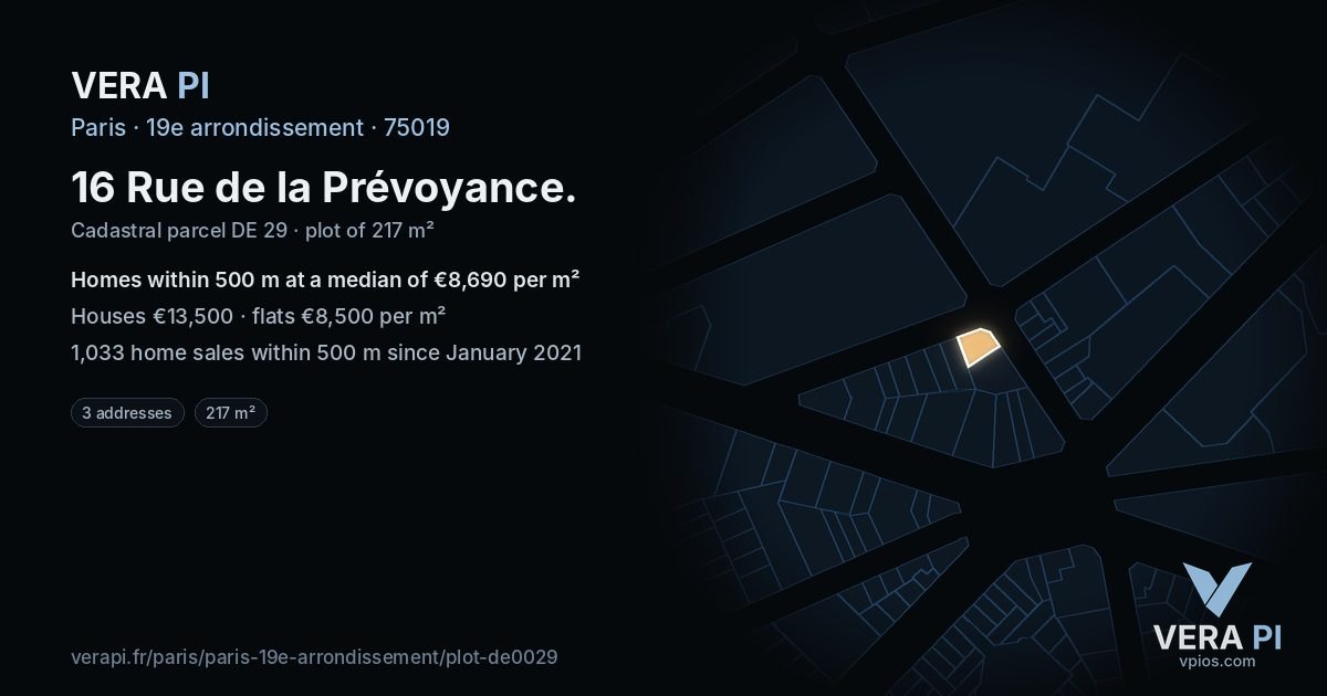 16 Rue de la Prévoyance, 19e arrondissement at night – the plot lit, the parcels around coloured by the prices near them