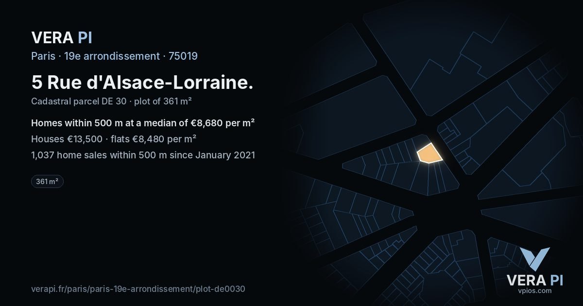 5 Rue d'Alsace-Lorraine, 19e arrondissement at night – the plot lit, the parcels around coloured by the prices near them