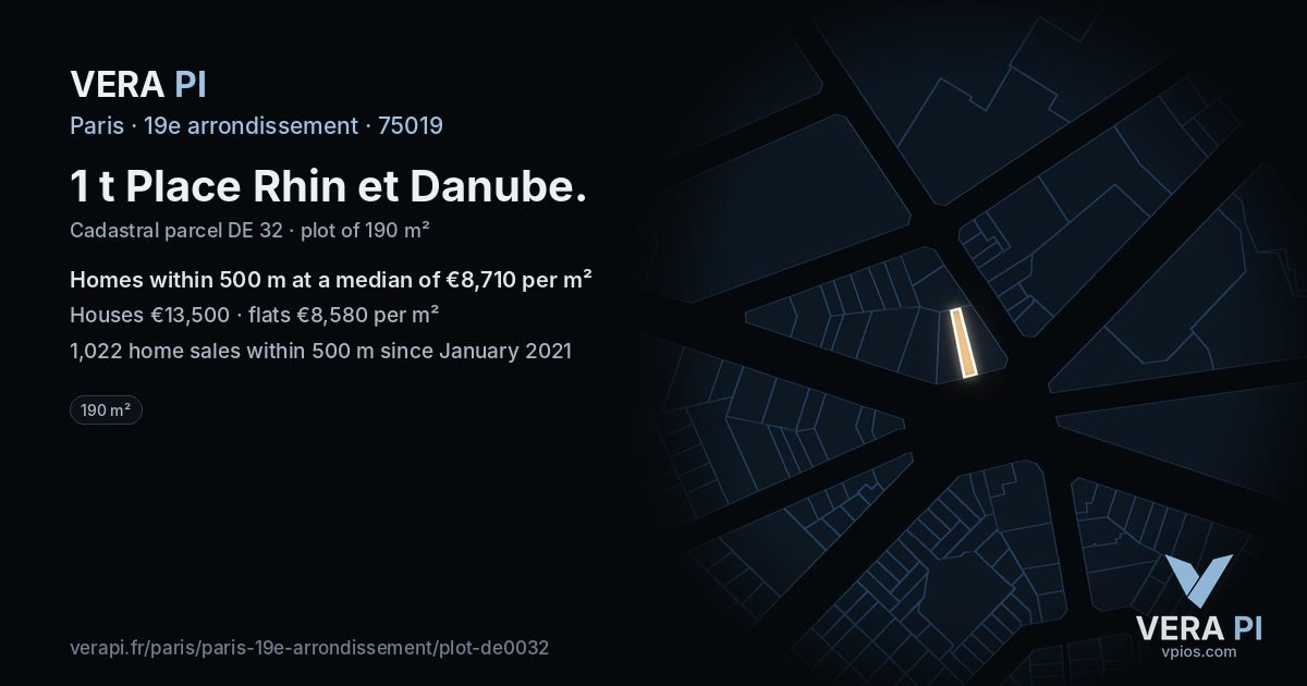 1 t Place Rhin et Danube, 19e arrondissement at night – the plot lit, the parcels around coloured by the prices near them