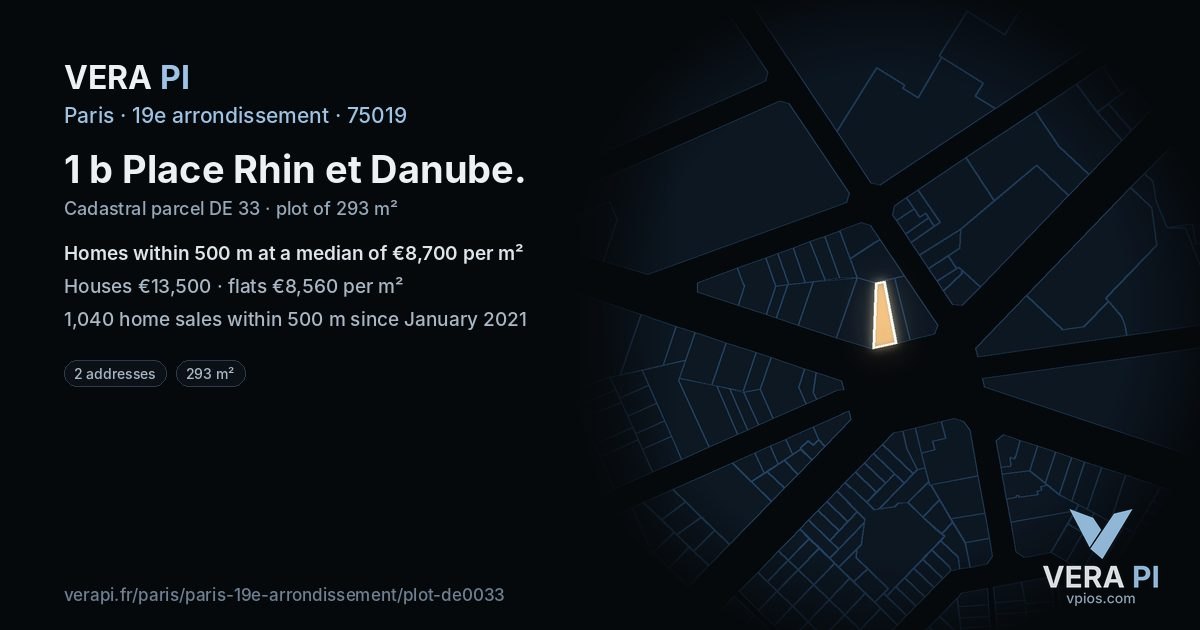 1 b Place Rhin et Danube, 19e arrondissement at night – the plot lit, the parcels around coloured by the prices near them