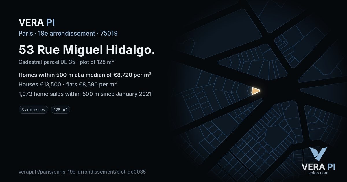53 Rue Miguel Hidalgo, 19e arrondissement at night – the plot lit, the parcels around coloured by the prices near them