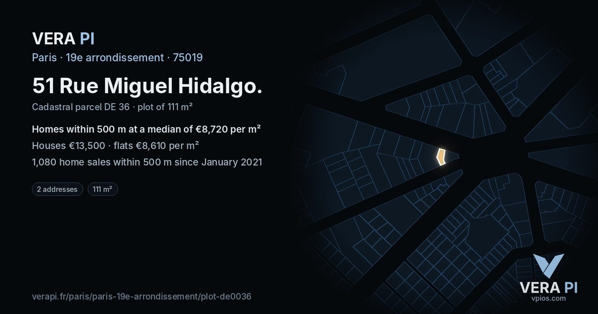 51 Rue Miguel Hidalgo, 19e arrondissement at night – the plot lit, the parcels around coloured by the prices near them
