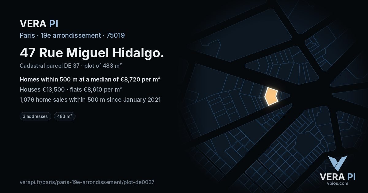 47 Rue Miguel Hidalgo, 19e arrondissement at night – the plot lit, the parcels around coloured by the prices near them