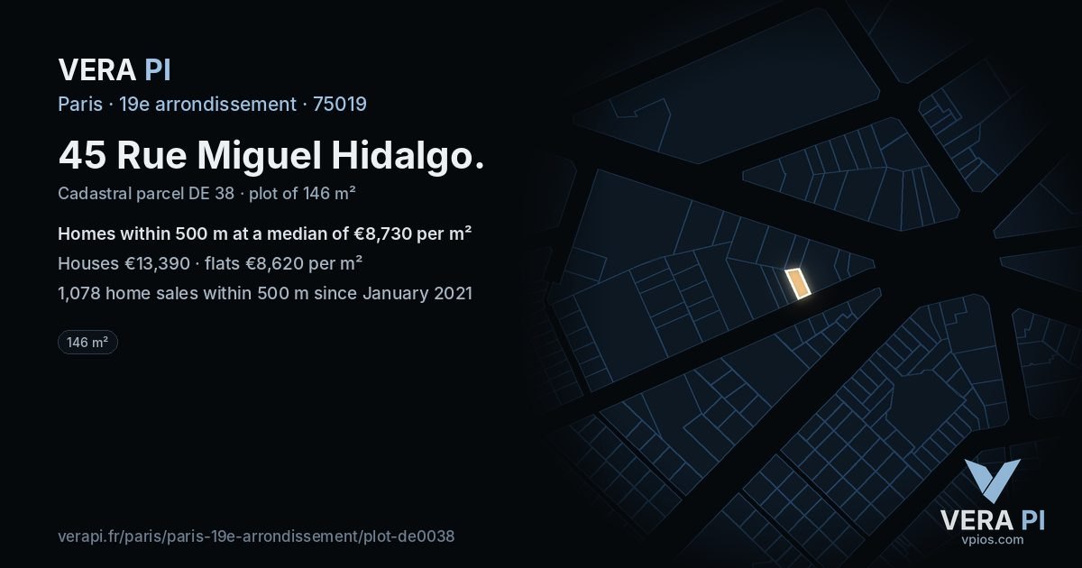 45 Rue Miguel Hidalgo, 19e arrondissement at night – the plot lit, the parcels around coloured by the prices near them