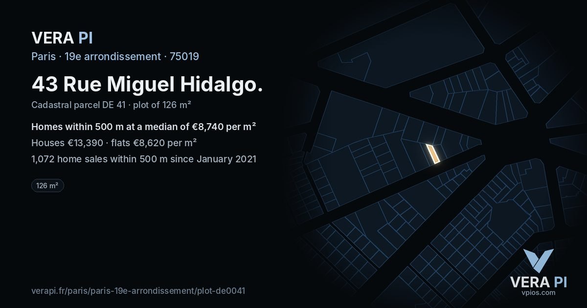 43 Rue Miguel Hidalgo, 19e arrondissement at night – the plot lit, the parcels around coloured by the prices near them